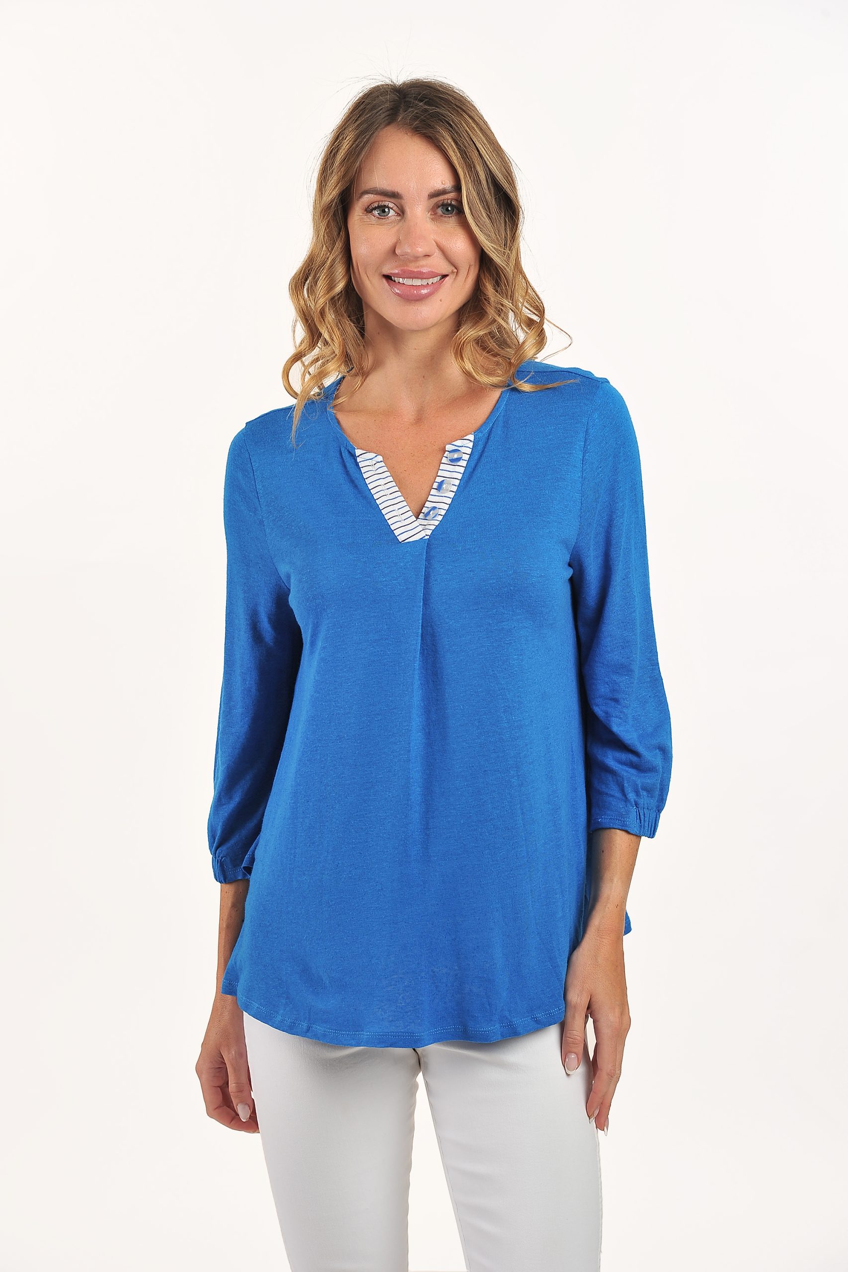 Open V Top with Contrast Placket Detail