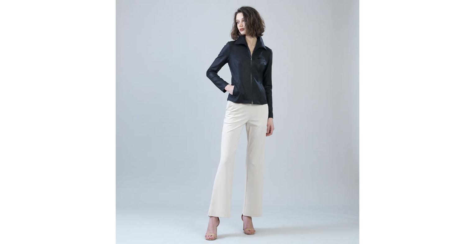Liquid Leather Center Zip Jacket w/ Pockets - Black