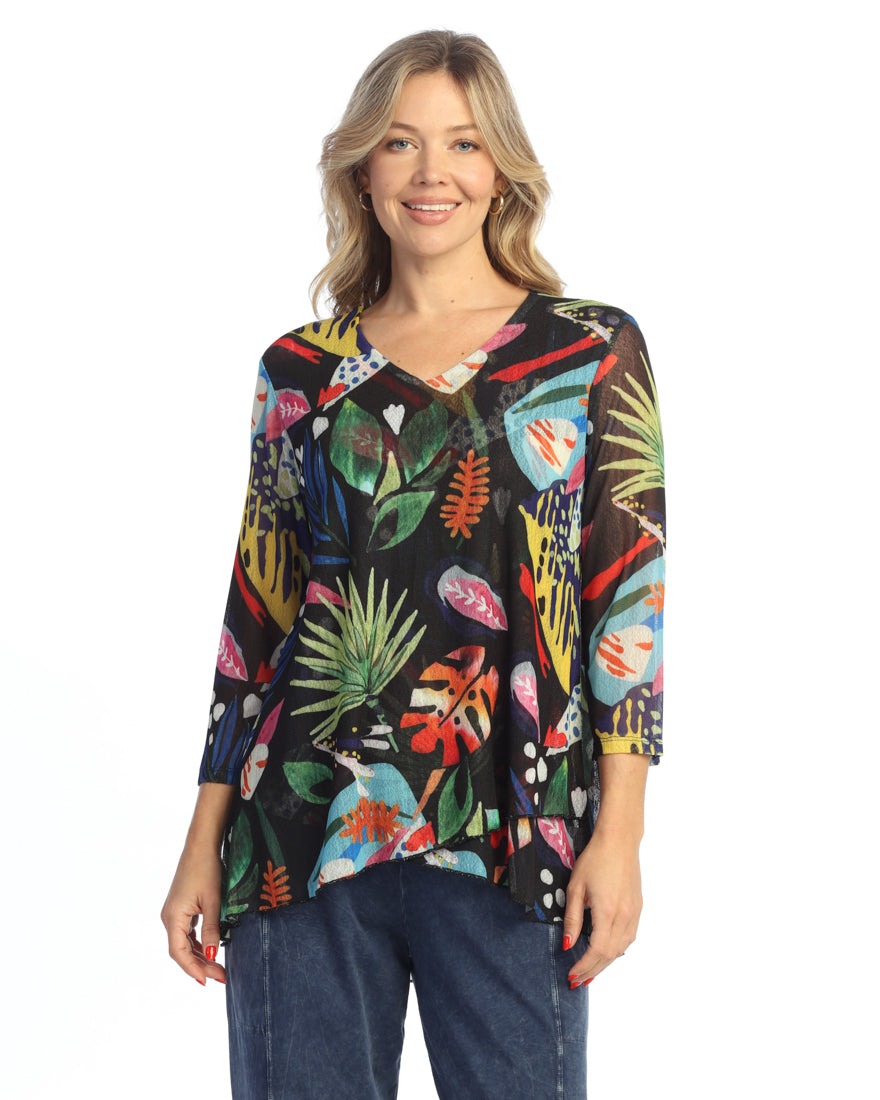 Harmony Crepe Mesh V Neck Tunic Top with Layered Hem
