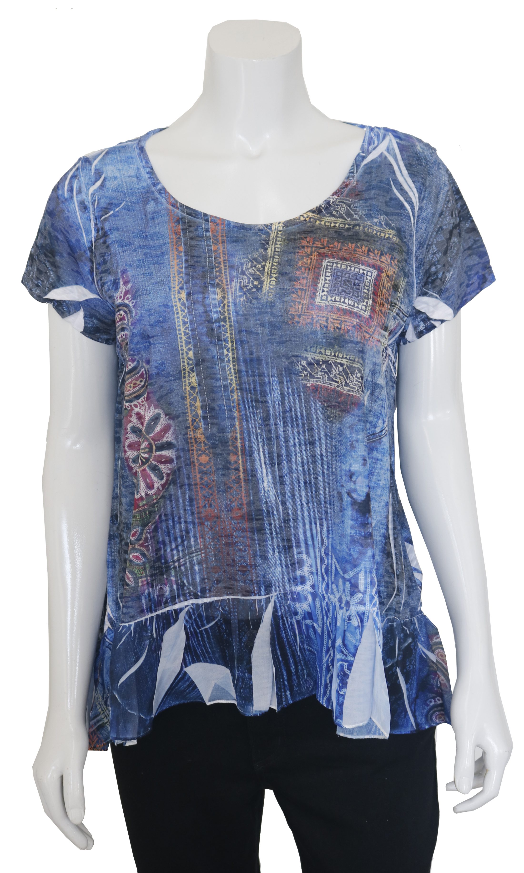 Denim and Red Tribal Print Top
