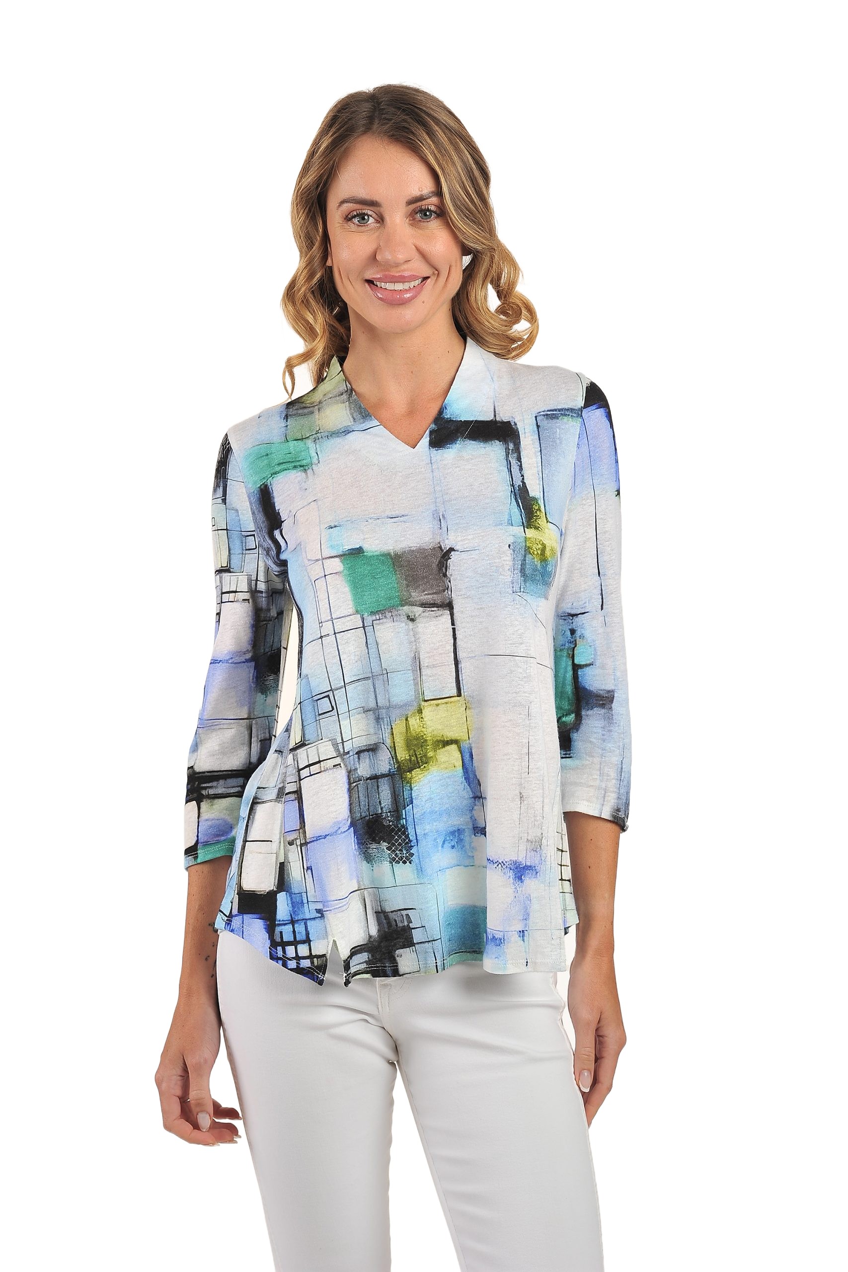 High V Neck Top with Button Sleeve Closure