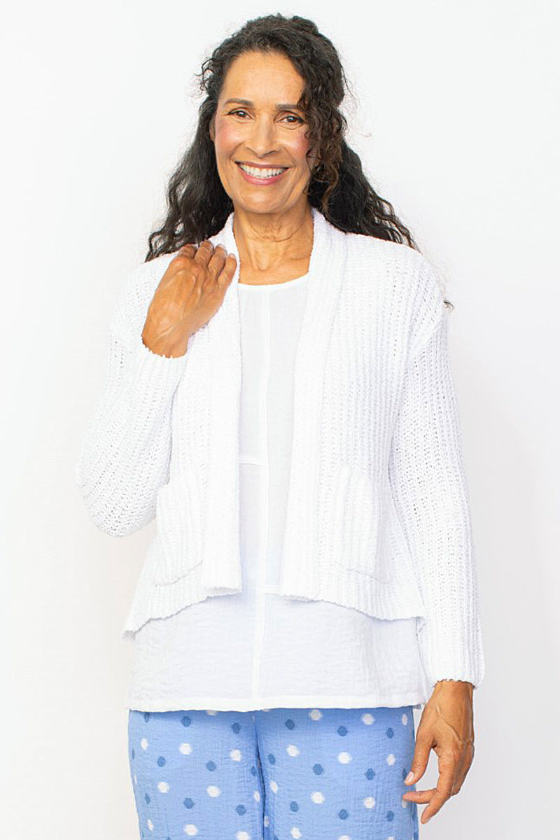 White Fisherman Rib Pullover Cardigan
