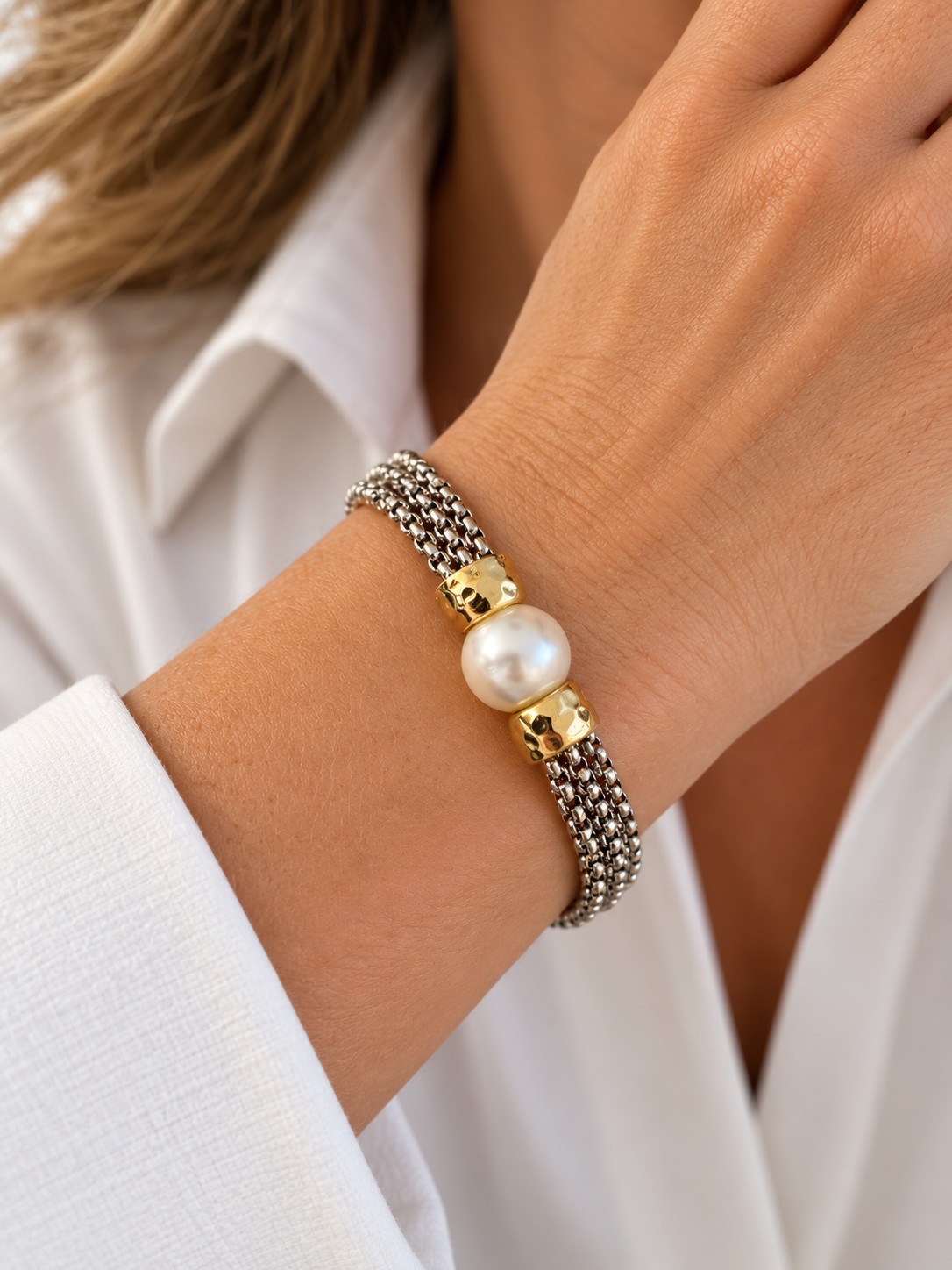 Four Strand Snake Chain Pearl Magnetic Bracelet