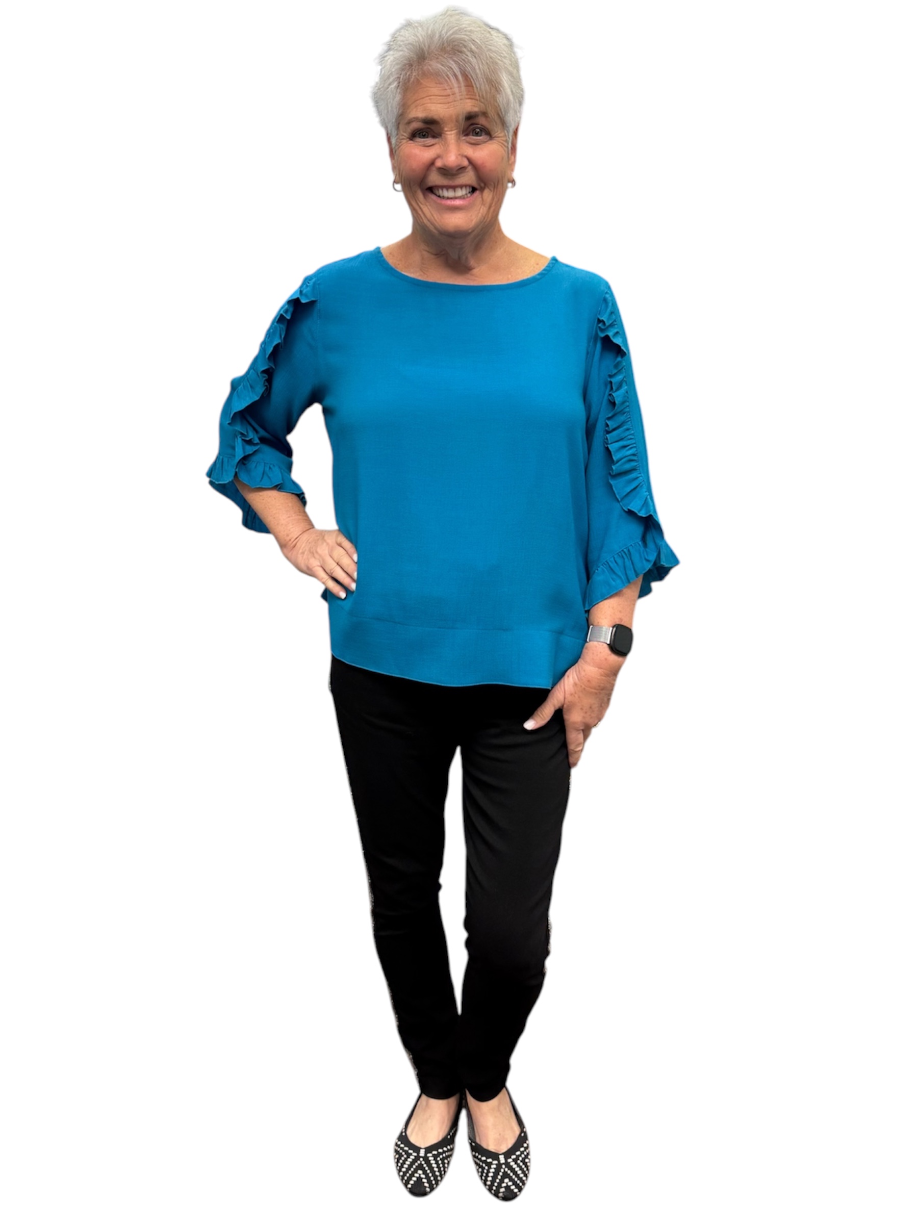 Ruffle 3/4 Sleeve Scoop Neck Button Back Woven Top