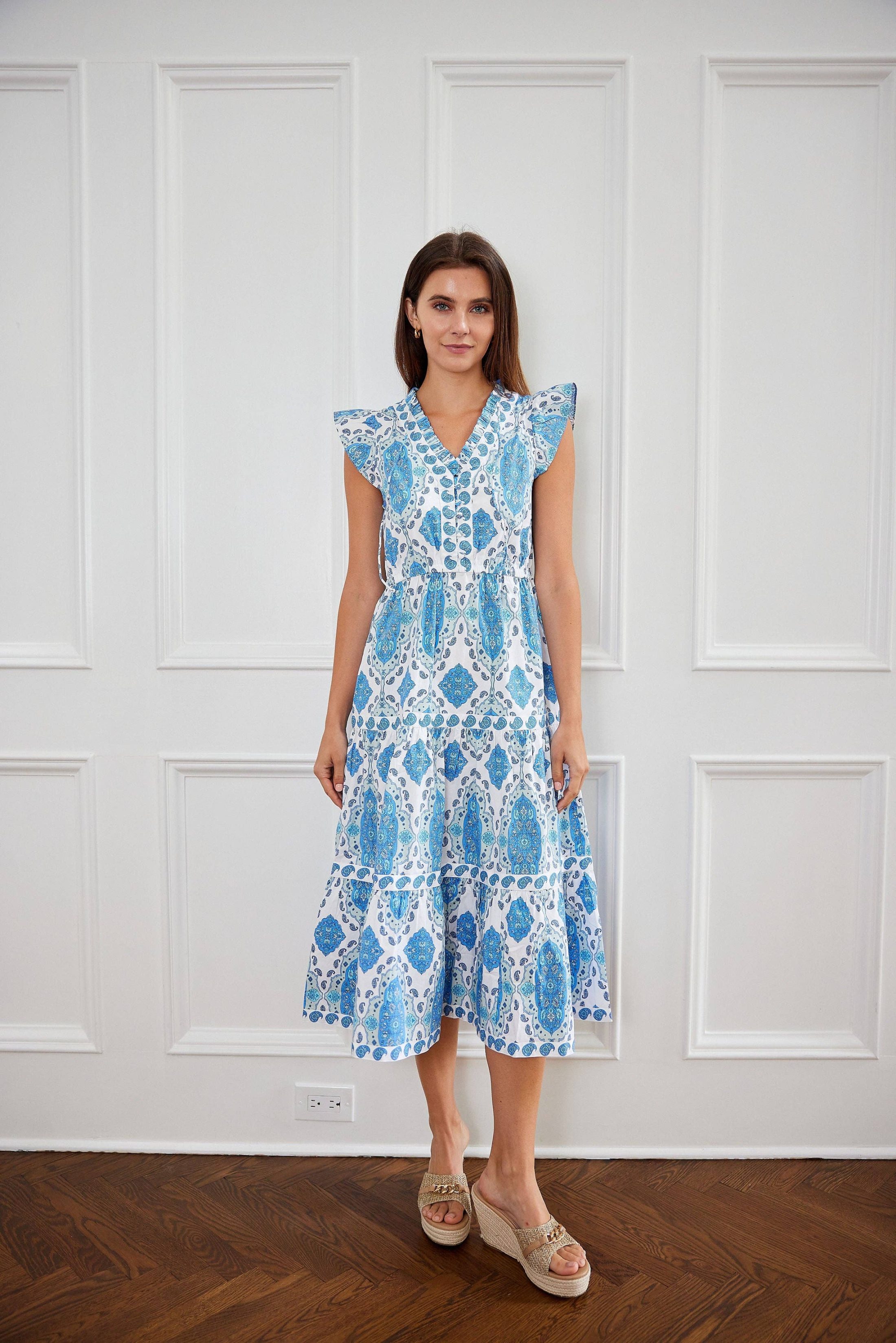 Cinched Waist Flutter Midi Dress