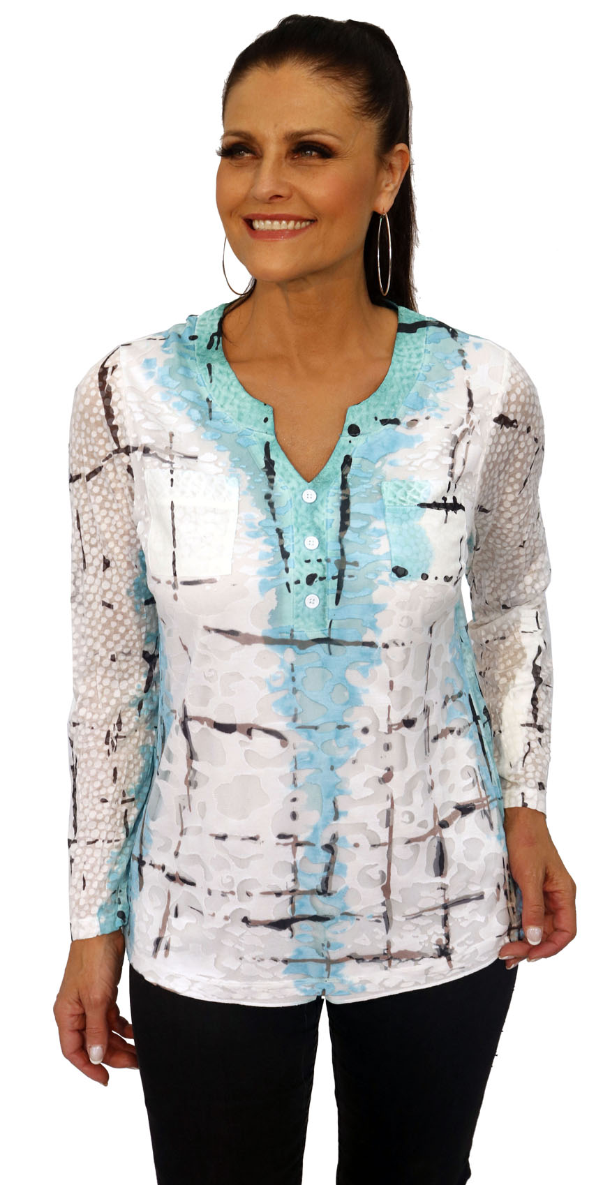 3/4 Sleeve V Neck Top with Pockets