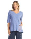 Cotton Slub V Neck Top with Cotton Linen Pocket