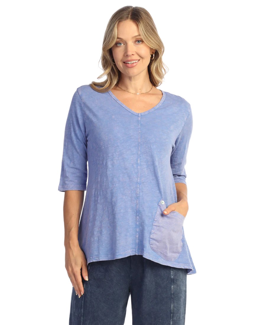 Cotton Slub V Neck Top with Cotton Linen Pocket
