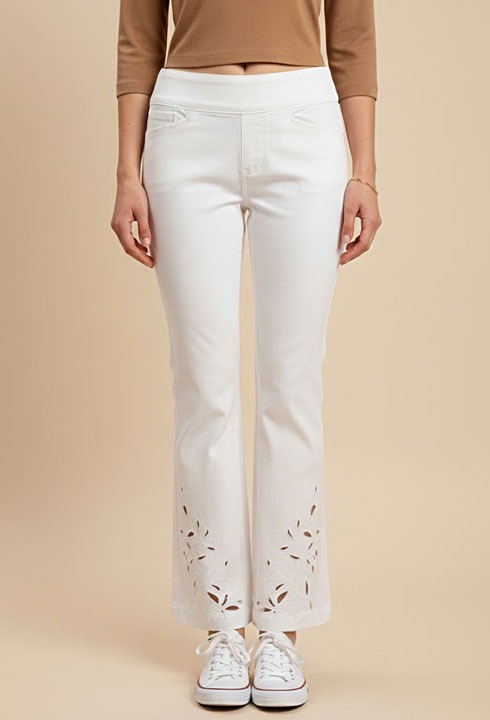 Pull On White Denim Cutout Jean with Embroidery