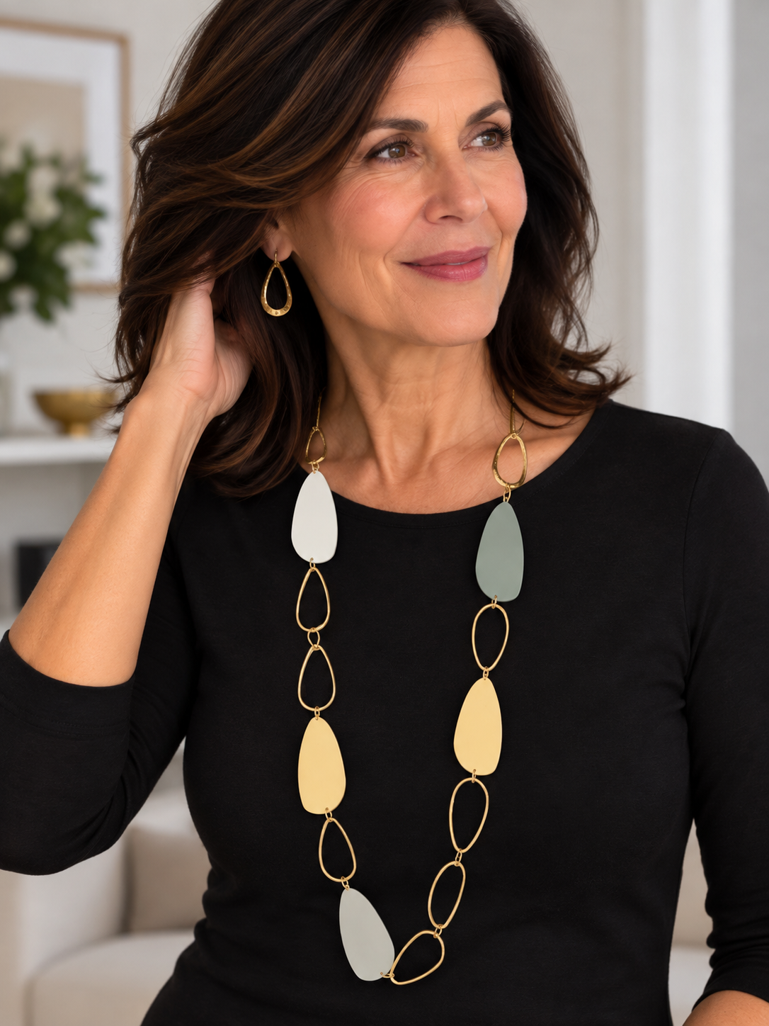 Long Tear Drop Chain Link Necklace with Metal Spacers