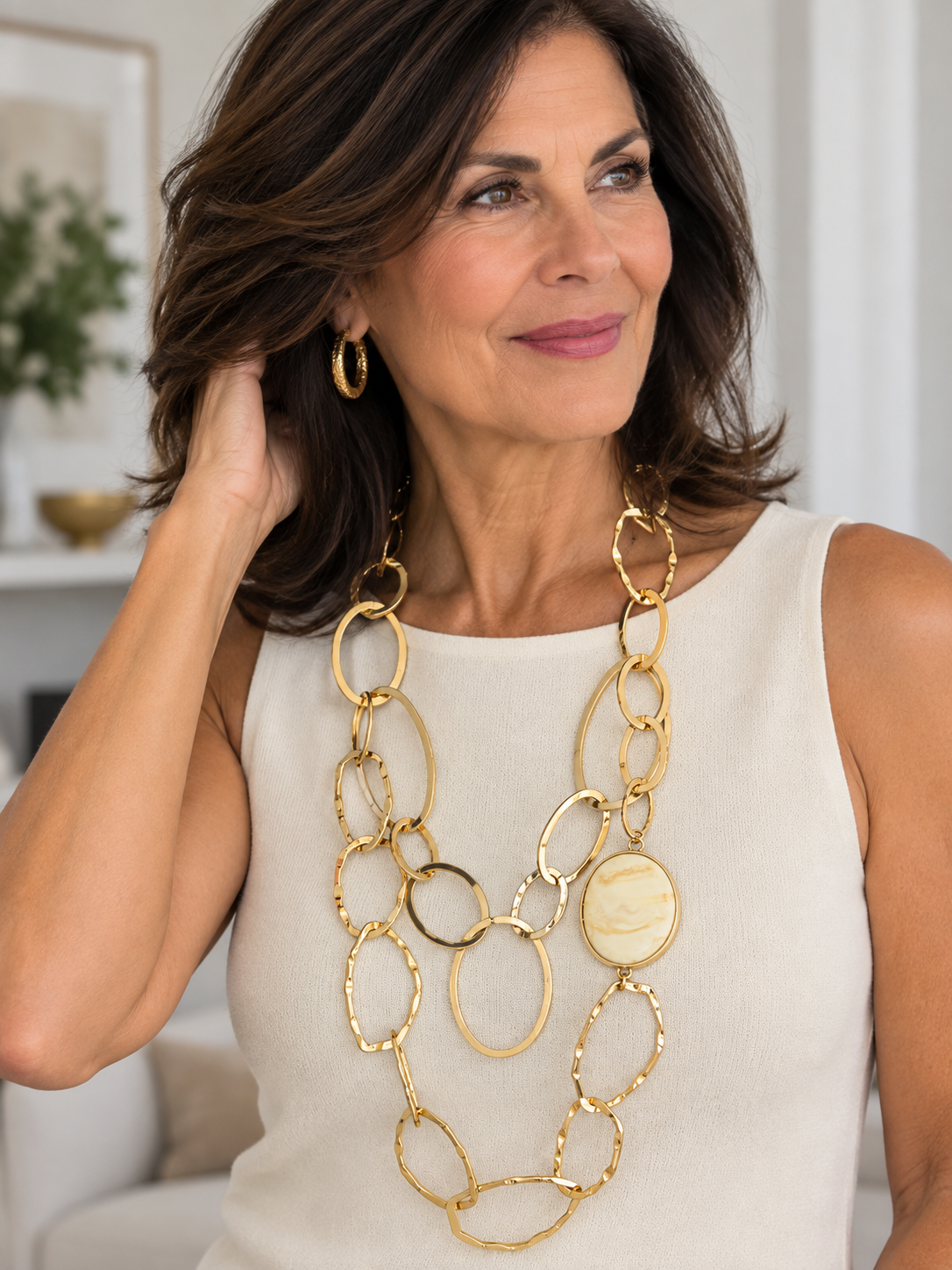 Long Chain Link Necklace with Stone Side Spacer