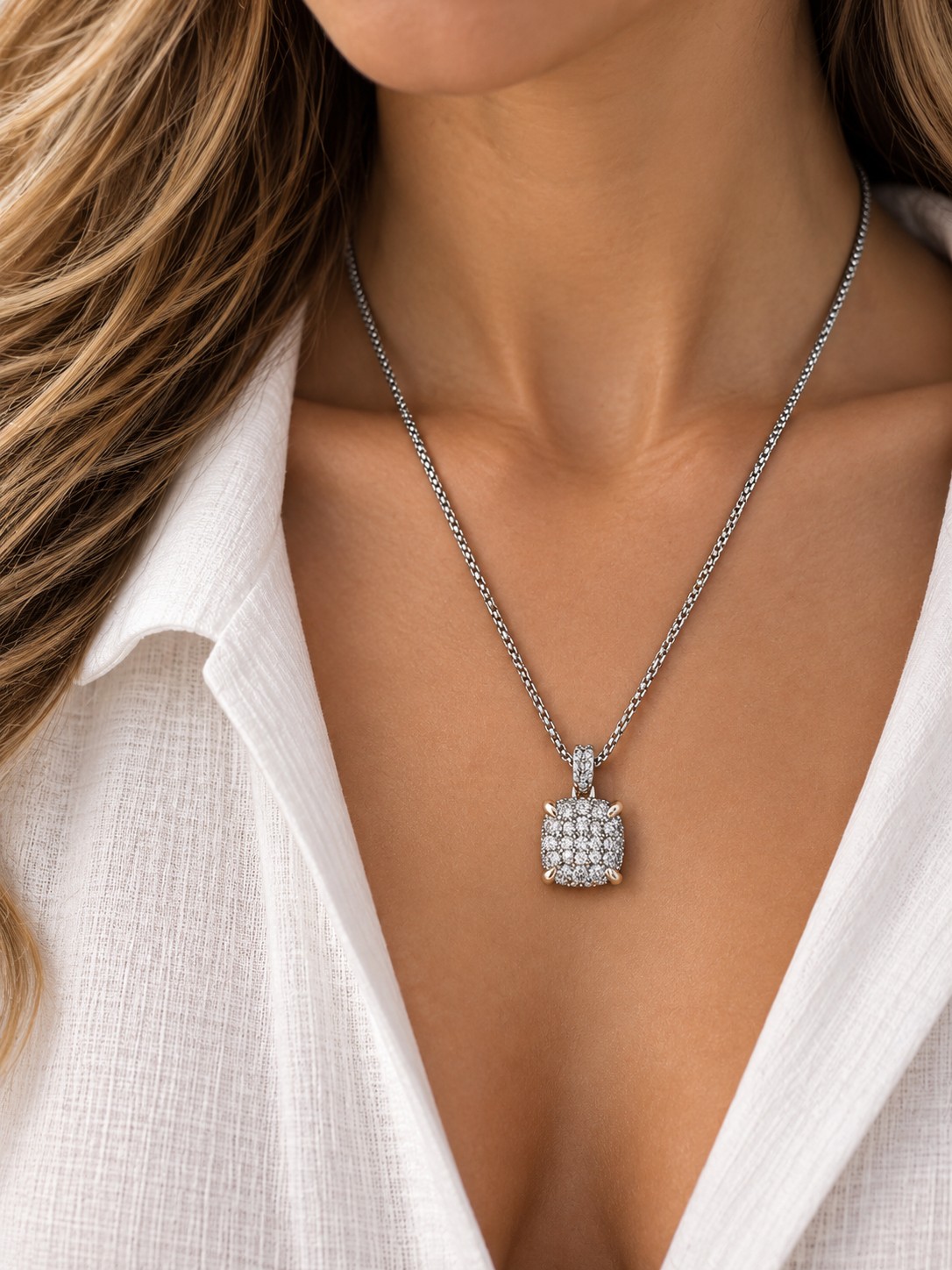 Short Pave CZ Square Necklace